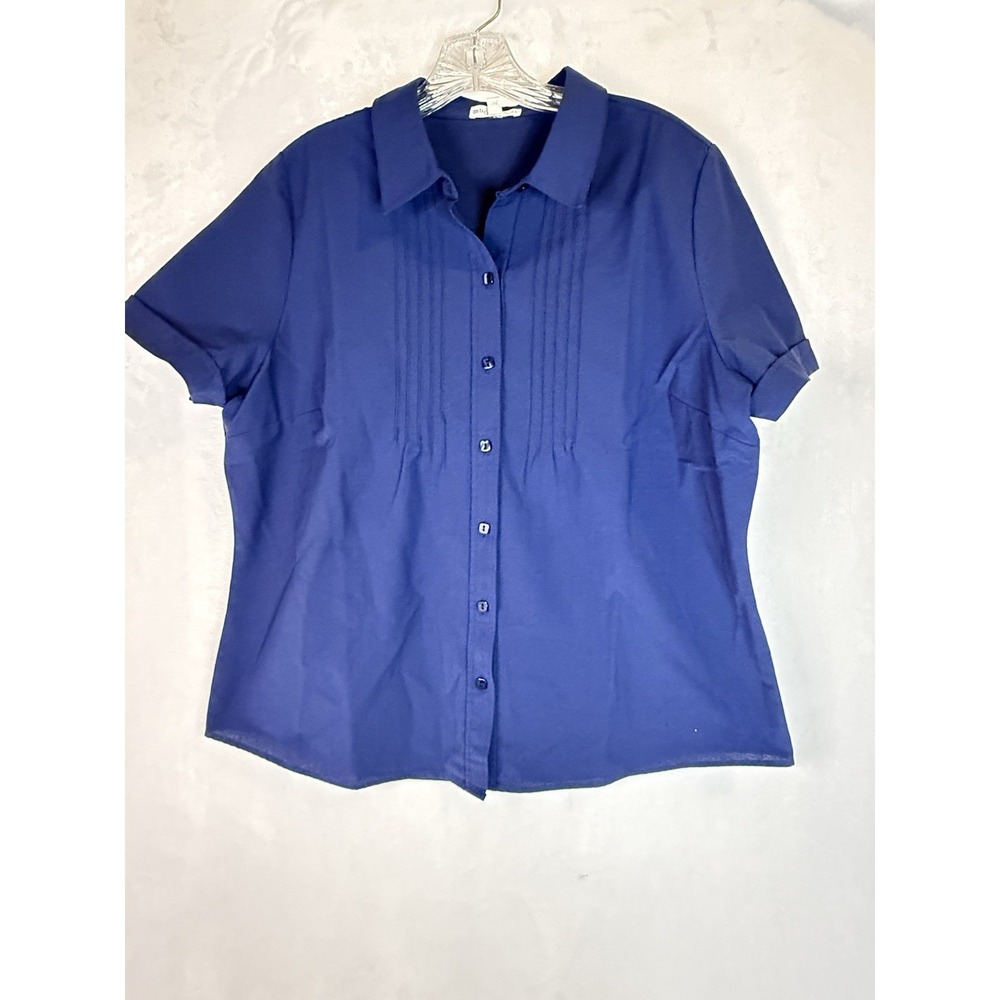 TravelSmith XL Blue Pintuck Blouse Button Front Career Short Sleeve Top